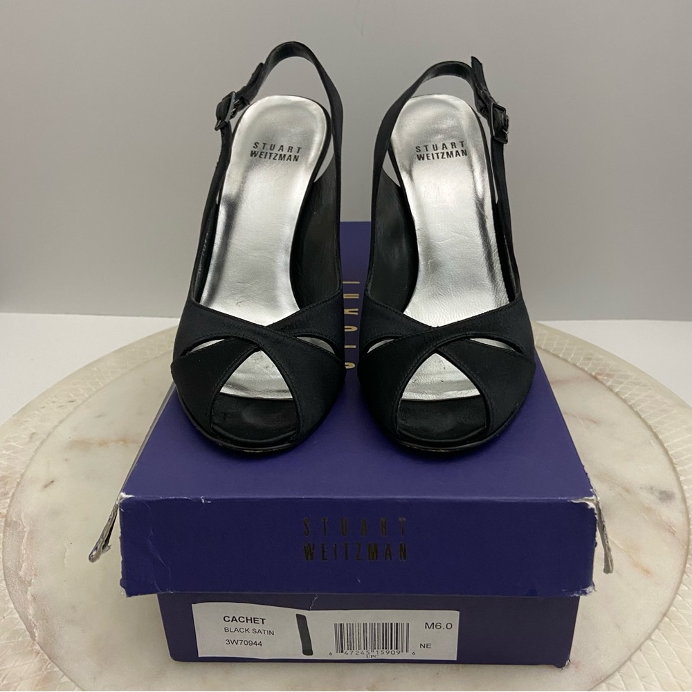 Stuart Weitzman Heels Open Toe Black Sandals Satin Strap Buckle Women’s 6